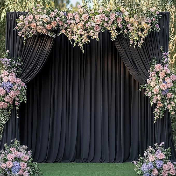 50ftx15ft Wrinkle Free Black Backdrop Curtain, 10 Panels 15FT Height Black Wedding Backdrop Drapes, Silky Polyester Back Drop Cloth for Birthday Photography Background Party Backdrop Draping