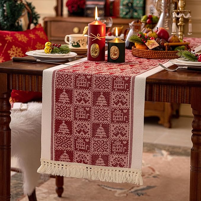 Table Runners 138 Inches,Christmas Tree Table Runner with Tassel Fringe,Gift Table Runner for Party，Coffee Table, Festival