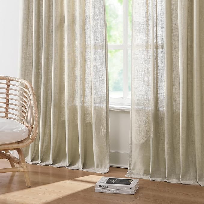 Vision Home Sand Pinch Pleated Semi Sheer Curtains Textured Linen Blended Light Filtering Window Curtains 102 inch for Living Room Bedroom Patio Pinch Pleat Drapes with Hooks 1 Panel 84" Wx102 L
