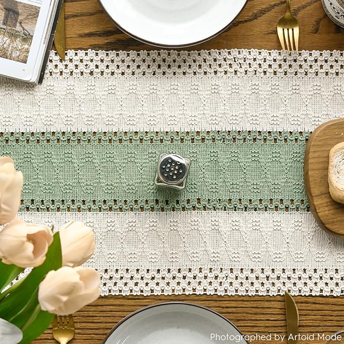 Artoid Mode Light Green Farmhouse Rustic Table Runner, Seasonal Holiday Hollow Kitchen Dining Table Decoration for Home Party Decor 12x90 Inch
