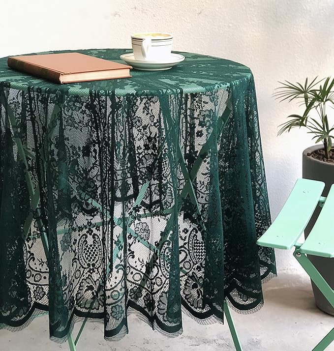 Gorgeous Round Lace Tablecloth,Vintage Floral Embroidered Table Cloths, Chic Round Table Cover for Wedding Banquet HolidayDinner Tables 60INCH (Vintage Green)