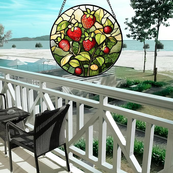Stained Glass Window Hanging - Red Strawberry Suncatcher for Doors Window Home Green Plant Sun Catchers Decor Christmas Mother's Day Birthday Gifts for Teacher Women Men Mom Nana 15 in