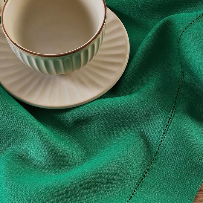 Solino Home Linen Emerald Green Hemstitch Table Runner 48 Inches - 100% Pure Linen Small Table Runner 14 x 48 Inch Ideal for Dresser and Coffee Tables - Classic Hemstitch - Christmas