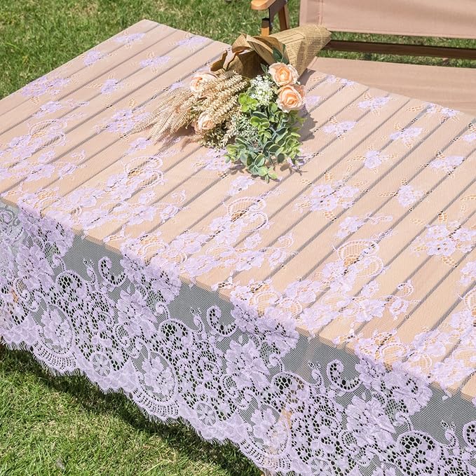 TINWIN Purple Lace Tablecloth 60x120 Inch Rectangle Vintage Runner Eyelash Fabric for Kitchen Dining Picnic Table Wedding Decor for Home Decoration Tea Party