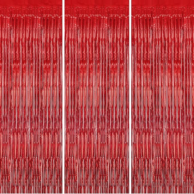 3 Pack Foil Fringe Backdrop - Red Shiny Tinsel Curtains for Party Decoration/Photo Booth Props - 3.3x8.2 FT Metallic Foil Backdrop for Birthday, Wedding, Graduation, Christmas.