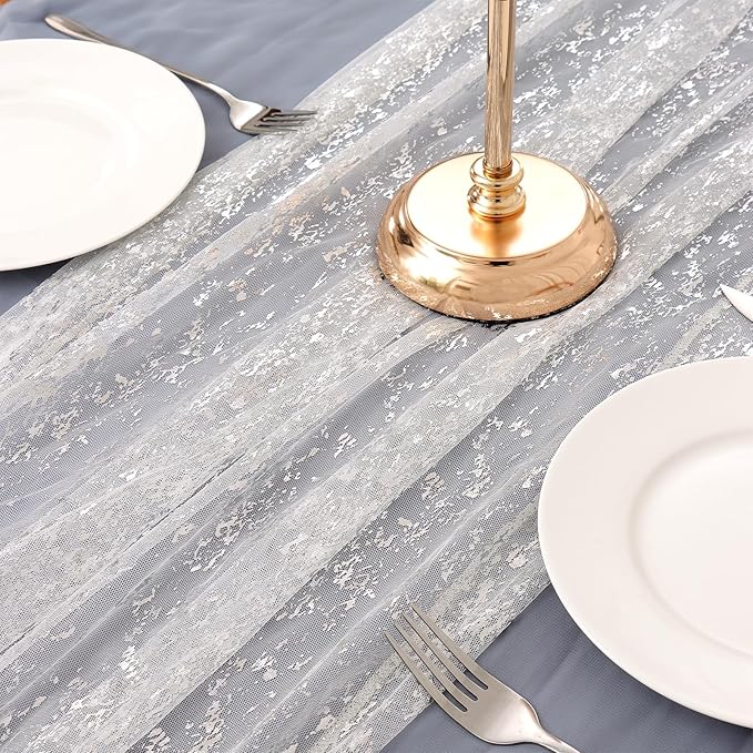 LOMOHOO 10 Ft Silver Table Runner, Silver Sheer Sequin Table Runners 120 Inches Long Glitter Metallic Foil Lace Fabric Table Decor for Birthday Party Wedding Anniversary Centerpiece (4pcs)