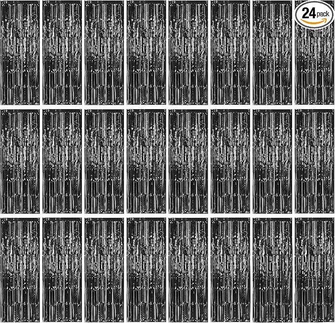 24 Pack Halloween Black Metallic Foil Fringe Curtains, 3.2ft x 8.2ft Foil Fringe Curtain Backdrop Foil Streamers Party Supplies Tinsel Curtain Backdrop for Parties/Halloween/Photo Booth
