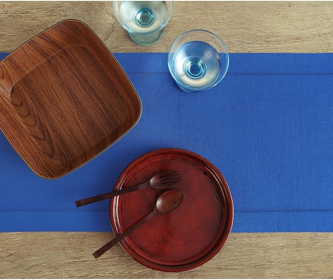 Solino Home Linen Royal Blue Table Runner 48 Inches - Classic Hemstitch, 100% Pure Linen Coffee Table Runner 14 x 48 Inch Ideal for Dresser Tables