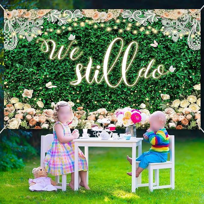 We Still Do Backdrop Green Leaves Lace Wedding Anniversary Photography Background Engagement Vow Renewal Bachelorette Party Decoration Banner Photo Booth Studio Props 10x7ft FU065YL