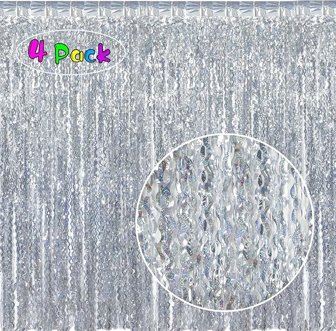 4 Pack 3.3 ft x 6.6 ft Silver Metallic Tinsel Foil Fringe Curtains - Door Streamers for Photo Booth Christmas Day Thanksgiving Wedding New Year Party Decorations