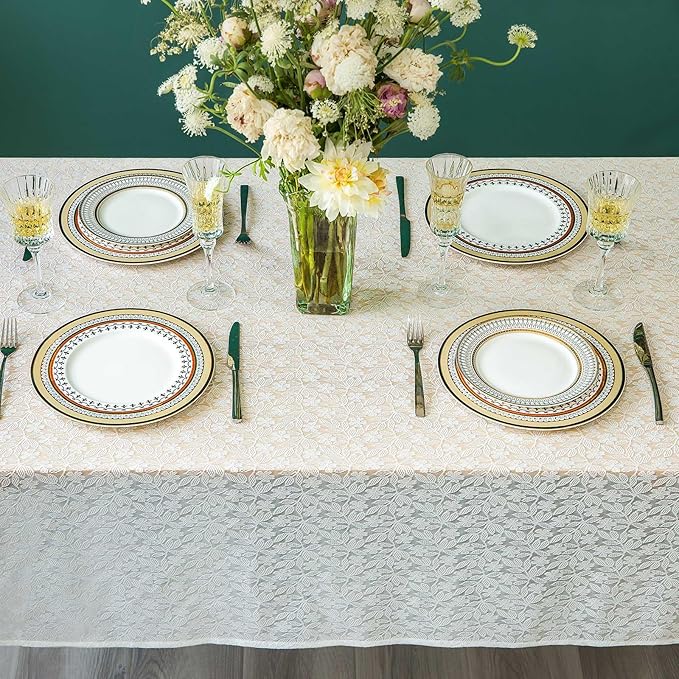 Lace Tablecloth Leaf Pattern Warp Knitting Fabric Solid White Rectangle/Oblong Table Cover for Kitchen Dining Farmhouse Wedding Party Decor Ivory, 55x84 Inch