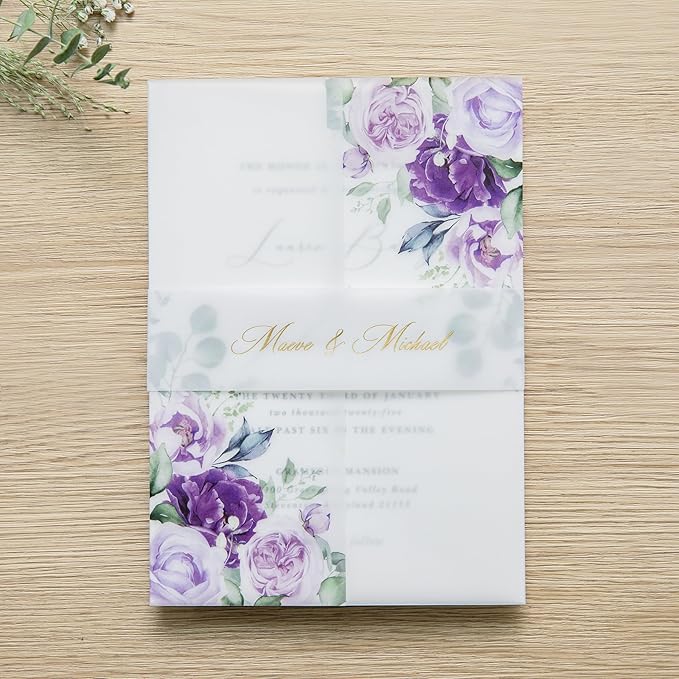 PONATIA 50 PCS Purple Vellum Jackets for 5x7 Invitation Cards- 135GSM Lilac Floral Printed Vellum Sleeves, Quinceanera Wedding Invitation Cards Wraps, Transparent Christmas Gift Cards Jackets