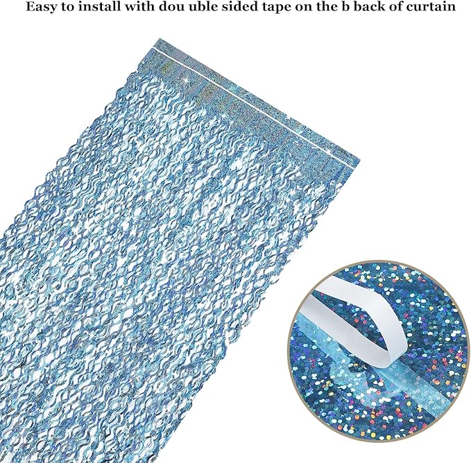 4 Pack Light Blue Party Foil Curtain - CYLMFC 3.3 ft x 6.6 ft Wavy Photo Booth Backdrop Metallic Tinsel Foil Fringe Curtains Environmental Background for Birthday Wedding Party Christmas Decorations