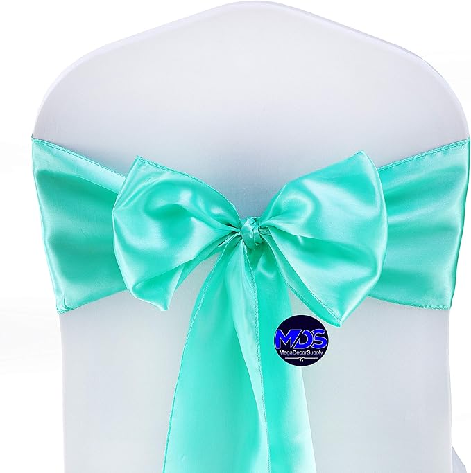 MDS Pack of 300 PCS Satin Chair Sashes Charmeuse Sateen Dining Chair Bows Ribbon Ties Back Sash for Wedding Party Birthday Home Hotel Restaurant Banquet Decoration (7 x 108 Inch, Sea Green)