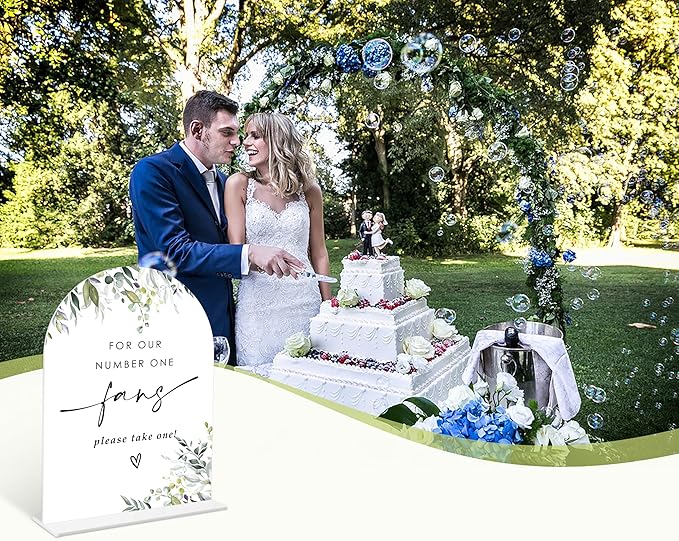 Greenery Wedding Fan Sign, 6 x 8 Inch White Arch Acrylic Wedding Sign with Holder, Wedding Sign for Ceremony and Reception, Wedding Decoration, Wedding Supplies - LY23