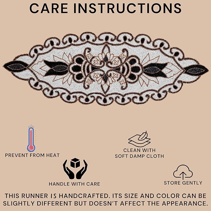36" Decorative Beaded Table Runner - Handcrafted Floral Design with Durable Polyester Backing for Dining, Coffee Table & Special Occasions (Black White Brown) - CLEENTABLE