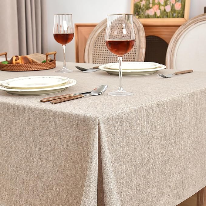Fitable Faux Linen Beige Table Clothes 60 x 84 Inch - 2 Pack Neutral Tablecloths for Rectangle Tables, Faux Burlap Table Covers for Kitchen Dining, Wedding, Party, Farmhouse, Outdoor Picnic