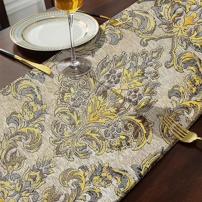 13x108 inch Exquisite Gold Floral Jacquard Table Runner Thick Beige Chenille with Elegant Tassels