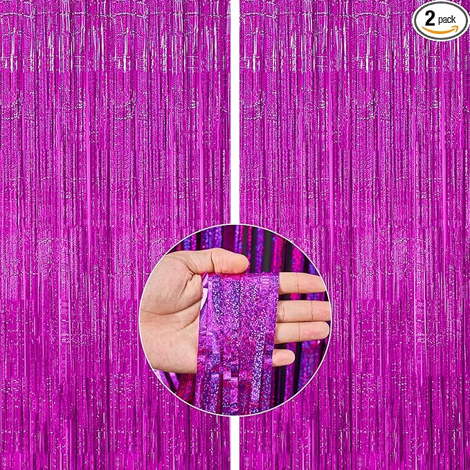 PartyWoo Foil Fringe Curtain Hot Pink, 2 pcs Hot Pink Streamers, Fringe Backdrop, Tinsel Backdrop, Tinsel Curtain, Metallic Door Shimmer, Birthday Party Streamers