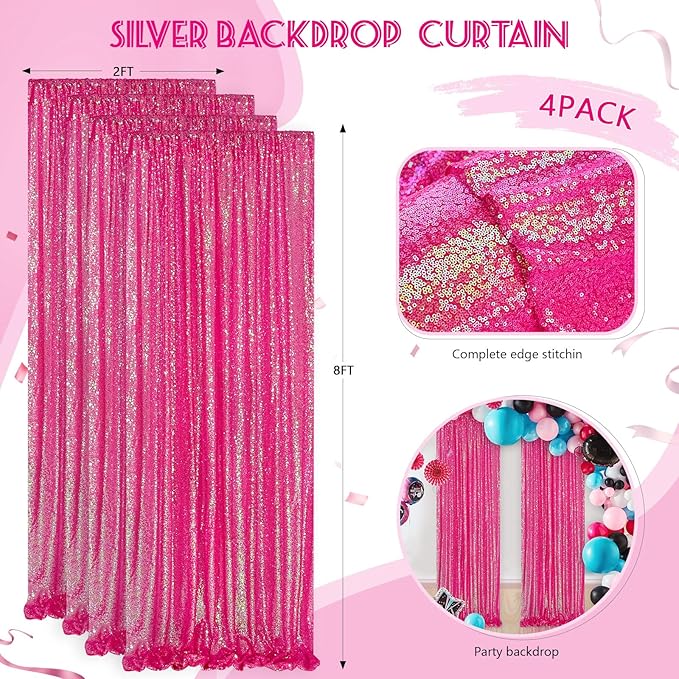 Iridescent Hot Pink Curtains Sequin Backdrop for Wedding Party - 2FT x 8FT Photo Background Backdrop Sparkly Baby Shower Decorations 4 Pcs