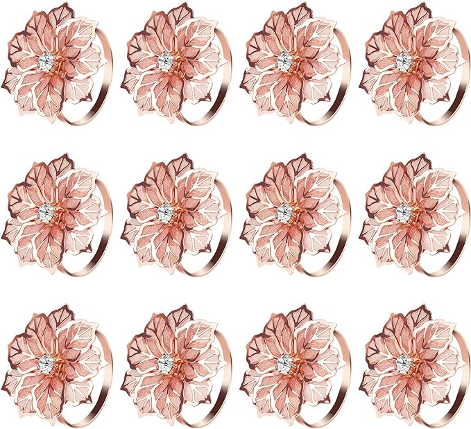 KPOSIYA Flower Napkin Rings Holder Metal Rose Gold Napkin Rings Set of 6 for Wedding Party Holiday Banquet Christmas Dinner Delicate Serviette Buckles Decor Favor (6, Rose Gold)