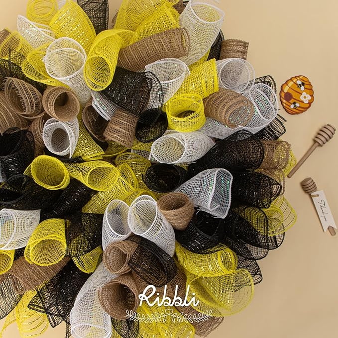 Ribbli 2 Rolls Black Mesh Ribbon,10 inch x 30 feet(10Yard) Each Roll,Metallic Black with Foil,Halloween Ribbon for Wreath Swags and Decorating
