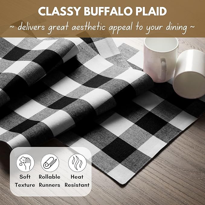 Native Fab Table Runner Buffalo Check Plaid 100% Cotton - 13x90 Inches Kitchen Dining Table Decoration for Indoor Outdoor Farmhouse Home Party Decor - Black and White