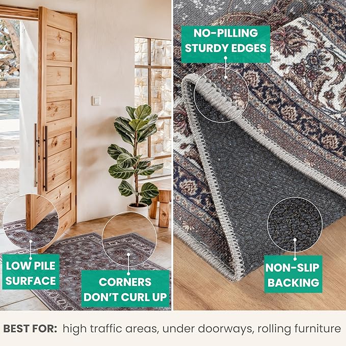 Bloom Rugs Washable Non-Slip 3' x 5' Rug - Slate Gray Traditional Oriental Area Rug for Living Room, Bedroom, Dining Room, and Kitchen - Exact Size: 3' x 5'