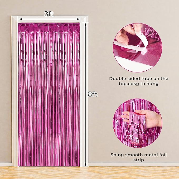 BTSD-home 10 Pack Pink Foil Fringe Curtain, Metallic Photo Booth Backdrop Tinsel Door Curtains for Wedding Birthday Bridal Shower Baby Shower Bachelorette Christmas Party Decorations(8ft x 3ft)