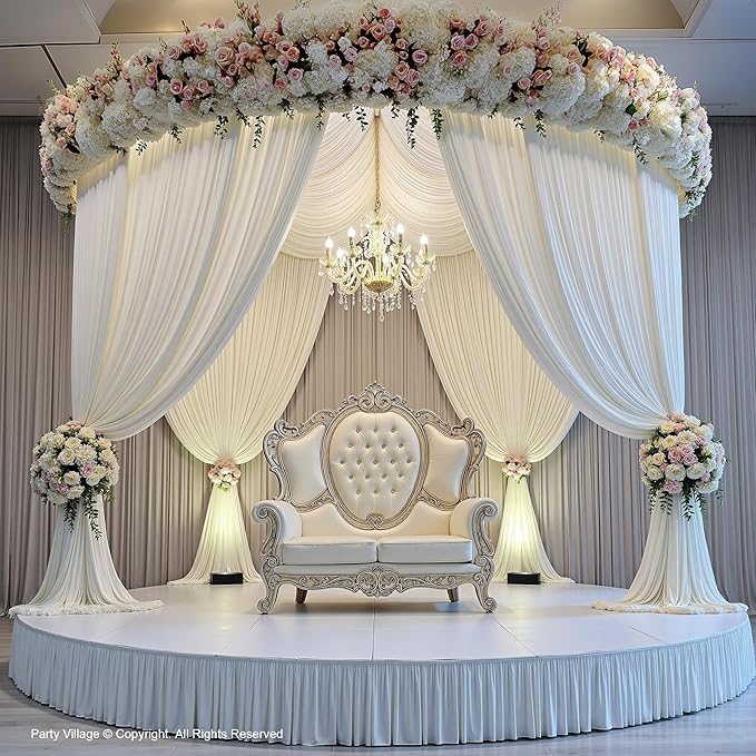 PartyVillage 60ft×15ft White Backdrop Curtain for Wedding Parties, 12 Panels Wrinkle Free 15 FT Long Polyester Photo Backdrop Drapes Back Drop Cloth for Birthday Photography Background