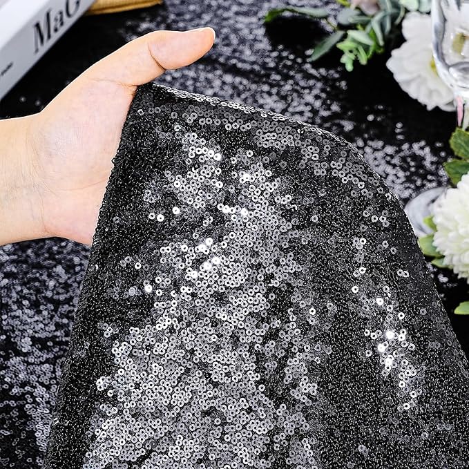 QueenDream Black Party Decorations Sequin Tablecloth: Glitter Overlay 90x90 Inch Table Drapes for Banquet Wedding Theme Party Planners