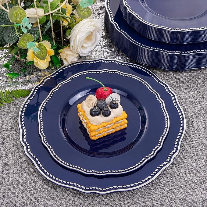 Hioasis 60pcs Blue Plastic Plates - Blue and Silver Disposable Dinnerware with Gold Rim, Heavy-duty, 7.5 inch, Dessert Plates for Party & Wedding