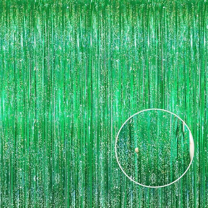 GOER 3.2 ft x 8.2 ft Metallic Tinsel Foil Fringe Curtains Party Photo Backdrop Party Streamers for Birthday,Graduation,New Year Eve Decorations Wedding Decor(3 Packs,Shiny Green)