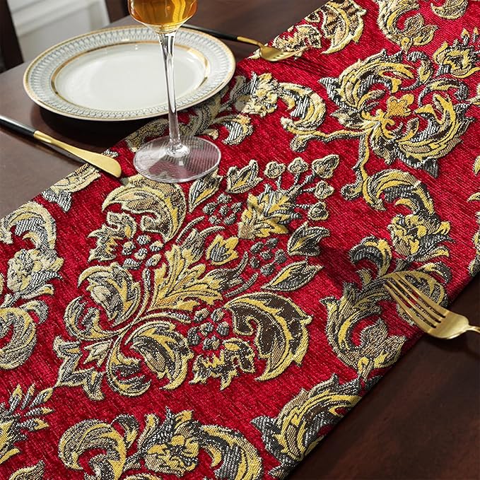 Luxury Vintage Embroidered Jacquard Table Runner Chenille Cloths - Red (13X84inch)