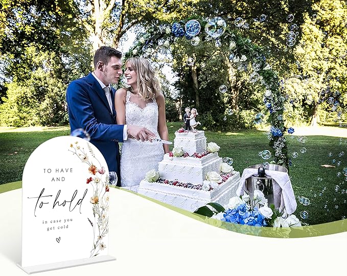 Boho Floral Wedding Blanket Sign, 6 x 8 Inch White Arch Acrylic Wedding Sign with Holder, Wedding Sign for Ceremony and Reception, Wedding Decoration, Wedding Supplies - BX30