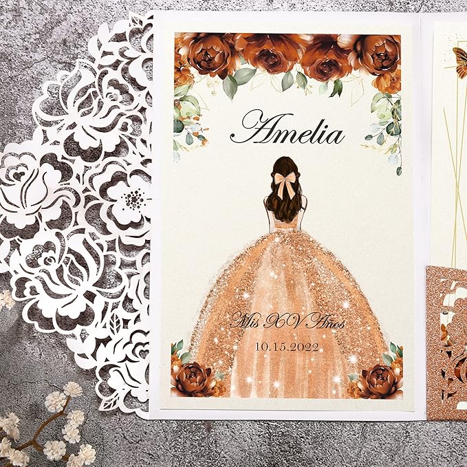 DORIS HOME 50pcs Laser Cut Quinceanera Invitations Terracotta Glitter, 4.7x7.1 Personalized Quince Invitations for 15th Birthday, Invitation cards for Sweet 16 with Envelopes