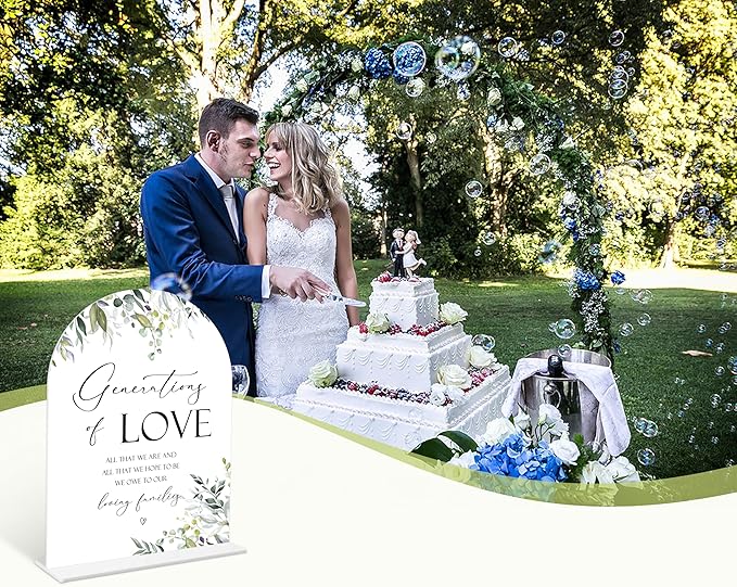 Greenery Generations Of Love Sign, 6 x 8 Inch White Arch Acrylic Wedding Sign with Holder, Wedding Sign for Ceremony and Reception, Wedding Decoration, Wedding Supplies - LY16