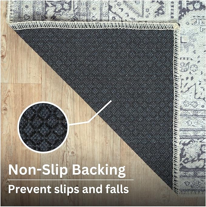 Bloom Rugs Washable Non-Slip 7 ft Runner - Charcoal Blue Traditional Medallion Runner for Entryway, Hallway, Bathroom, and Kitchen - Exact Size: 2.5' x 7'