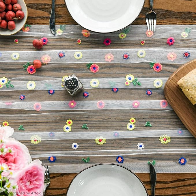Artoid Mode Embroidery Daisy Gauze Table Runner 120 Inch 10FT, Seasonal Sheer Kitchen Dining Holiday Wedding Birthday Table Decor for Home Party