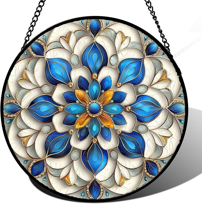 Stained Glass Window Hanging - Blue and White Abstract Flowers Suncatcher for Door Terrace Garden Home Decor, Gold Sun Catcher Birthday Gifts for Lovers Women Men Dad Mom Nana 6.3 in