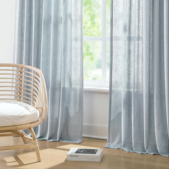 Vision Home Blue Pinch Pleated Semi Sheer Curtains Linen Blended Light Filtering Window Curtains 90 inch for Living Room Bedroom Pinch Pleat Drapes with Hooks 2 Panels 40" Wx90 L,Blueish Gray