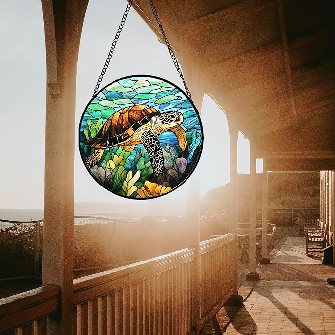 Stained Glass Window Hanging - Cute Sea Turtle Suncatcher for Door Garden Yard Blue Ocean Sun Catchers Decor Christmas Mother's Day Birthday Children's Gifts for Women Mom Nana Friend 6.3 in