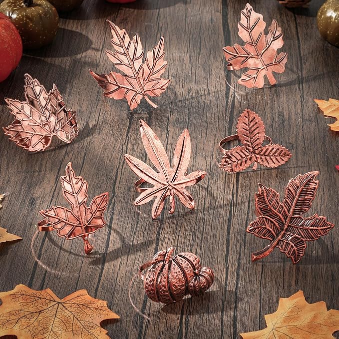 Remerry 8 Pcs Thanksgiving Napkin Ring Harvest Fall Leaf Pumpkin Holders Retro Alloy Metal Napkin Ring Buckle for Thanksgiving Wedding Table Supplies(Leaf and Pumpkin)