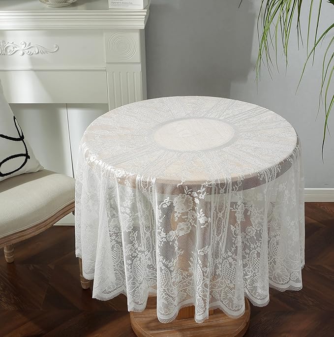 Gorgeous Round Lace Tablecloth,Vintage Floral Embroidered Table Cloths, Chic Round Table Cover for Wedding Banquet HolidayDinner Tables 60INCH (White)