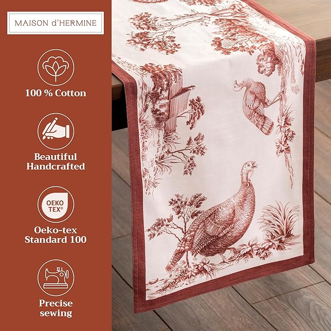 Maison d' Hermine Table Runner 100% Cotton Double Layer Table Runners 108 inches Long for Thanksgiving Christmas Decorations Home Kitchen Dining Party Wedding (Holy Jouy - Brown, 14.5" x 108")