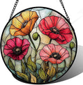 Stained Glass Window Hanging, Red Orange Poppy Birth Flowers Sun Catcher for Door Garden Yard Decor Wildflowers Suncatcher Christmas Mother Birthday Gifts for Women Men Mom Nana 15 in