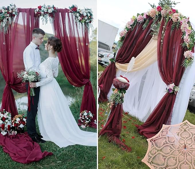 6 Panels Burgundy Wedding Arch Drapery 28" x20Ft Wedding Arch Draping Fabric Chiffon Fabric Drape Sheer Backdrop Curtain for Weddings Party Swag Ceremony Birthday Arbor Drapery Reception Ceiling Décor