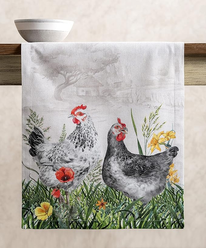 Maison d' Hermine Table Runner 100% Cotton Single Layer Table Runners 108 inches Long Decorative for Home Kitchen Dining Party Wedding Bridal Shower Spring Summer (Basse Cour, 14.50" x 108")