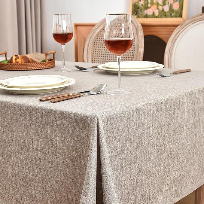 Fitable Faux Linen Tablecloths Rectangle 60 x 120 Inch - 2 Pack Neutral Table Clothes for 8 Foot Tables, Nature Faux Burlap Kitchen Table Covers for Dining, Party, Farmhouse, Banquet, Buffet