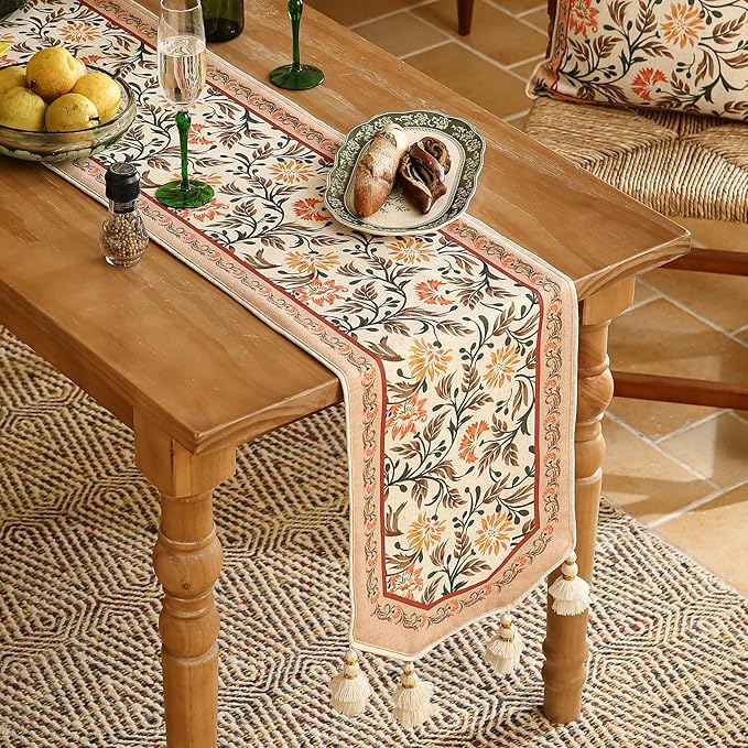 ISAENNE Designer French Elegant Linen Table Runner 102 Inches Long,Farmhouse Lily Pattern Decor Table Runners for Dining Tables,Thanksgiving,Kitchen Tables,Christmas,12"*102"-Aurora A